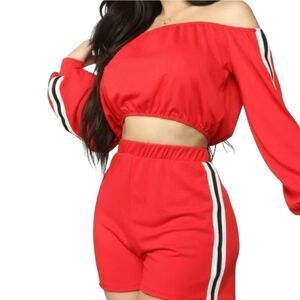 Fashion Nova Red Side Striped Crop Top High Waist 2 Piece Fleece Short Set 2X